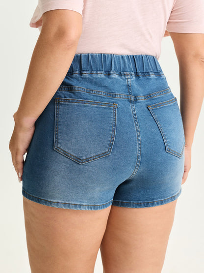 Stretchy Pull-On Pockets Denim Shorts