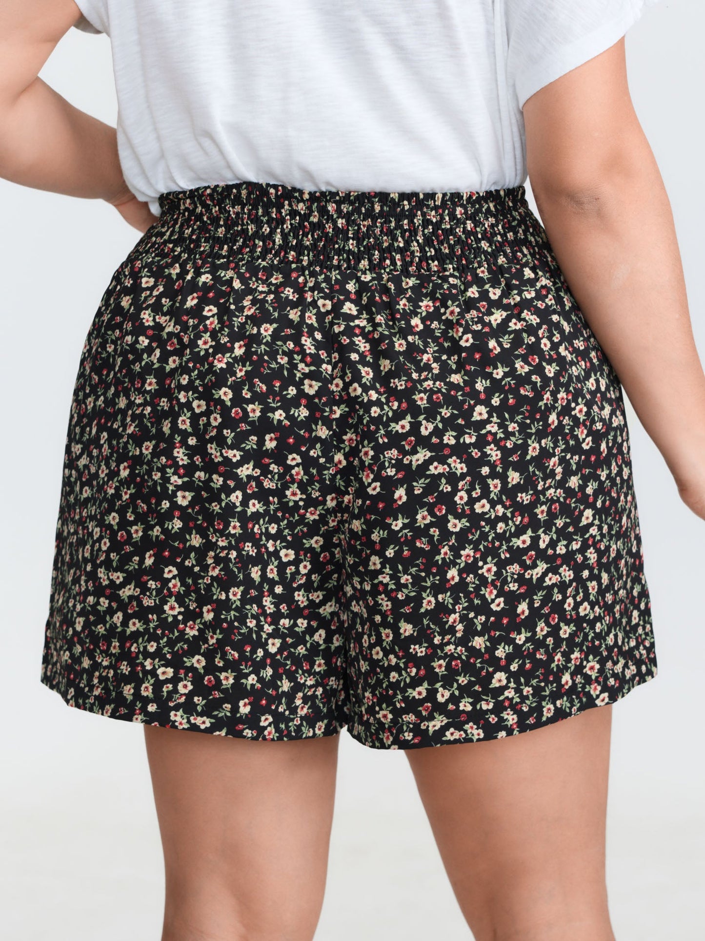 Micro Floral Print Shirred Waist Shorts