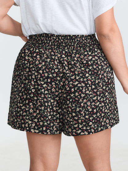 Micro Floral Print Shirred Waist Shorts