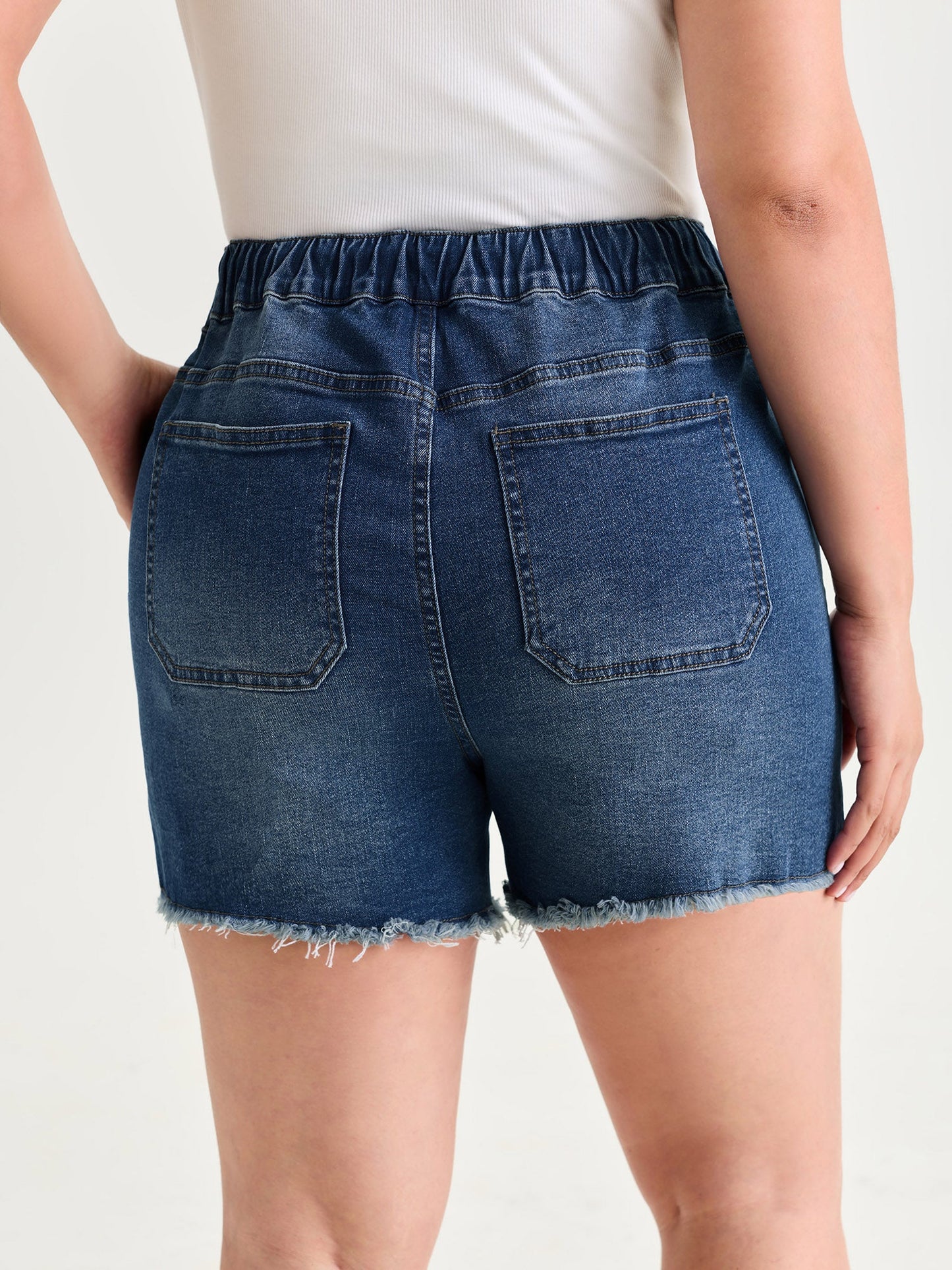 Stretchy Raw Hem Contrast Drawstring Denim Shorts