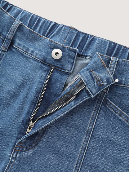 Elastic Waist Folded Hem Straight-Leg Denim Shorts