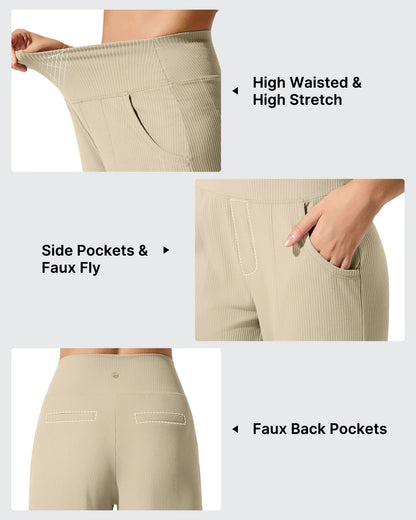 Pantalones de yoga de punto acanalado de cintura alta y pierna ancha