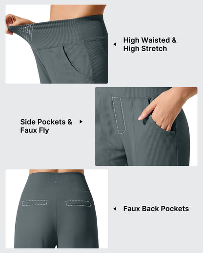 Pantalones de yoga de punto acanalado de cintura alta y pierna ancha