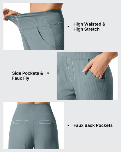 Pantalones de yoga de punto acanalado de cintura alta y pierna ancha