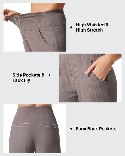Pantalones de yoga de punto acanalado de cintura alta y pierna ancha