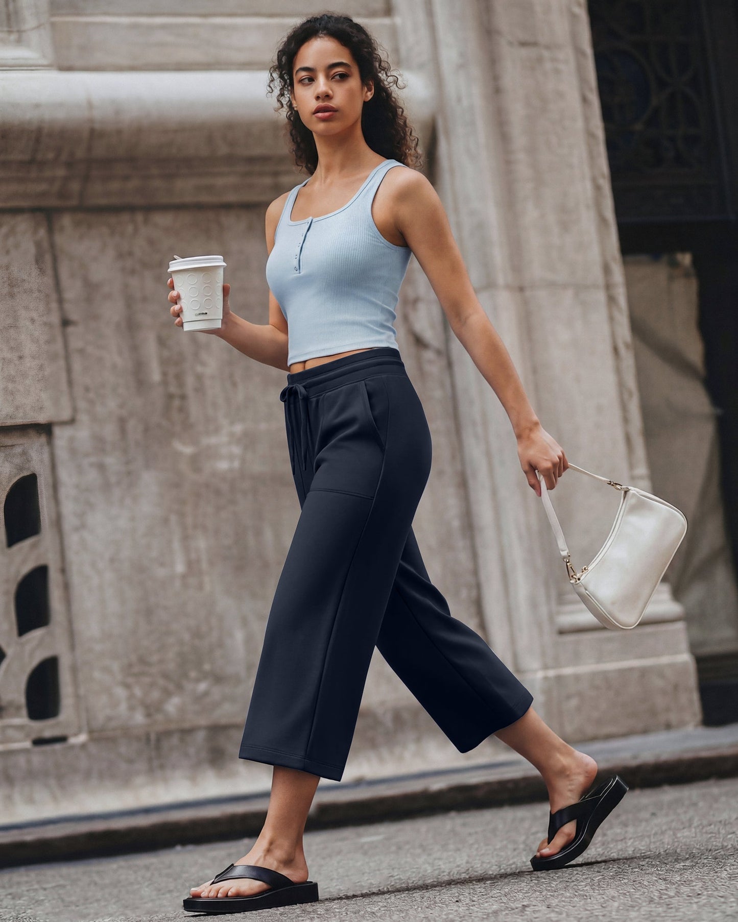 G4Free Smoofit Capris de cintura alta con cordón, pierna ancha y bolsillos