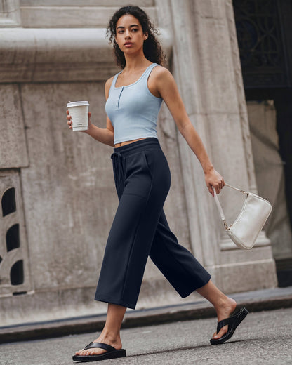 G4Free Smoofit Capris de cintura alta con cordón, pierna ancha y bolsillos