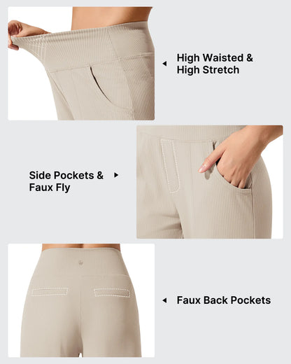 Pantalones de yoga de punto acanalado de cintura alta y pierna ancha