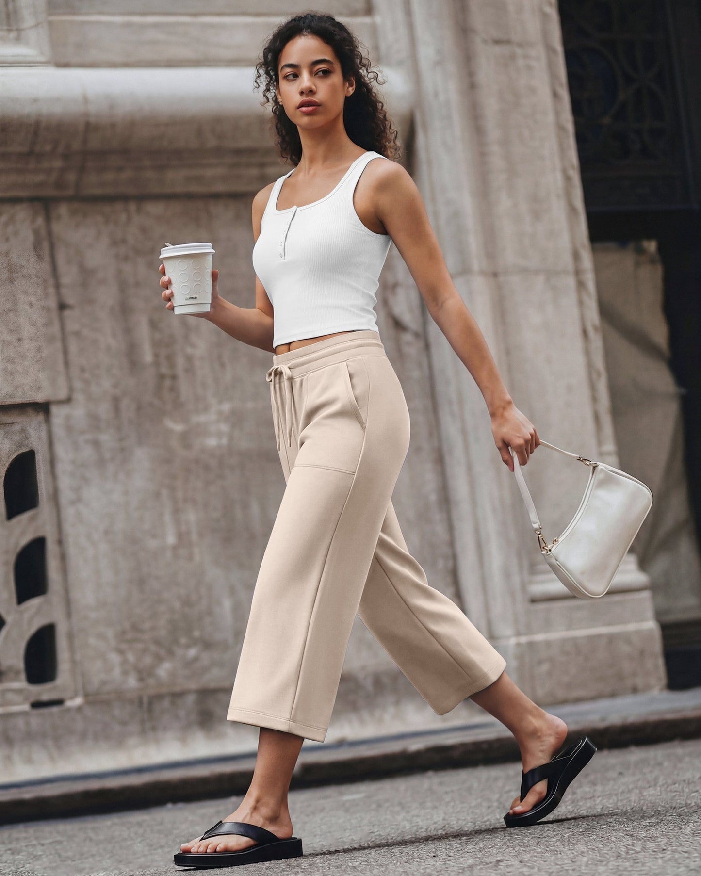 G4Free Smoofit Capris de cintura alta con cordón, pierna ancha y bolsillos