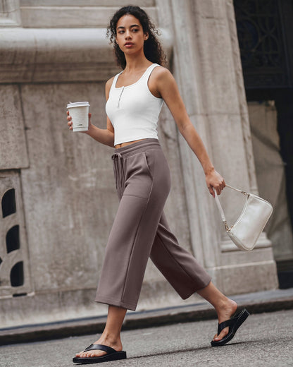 G4Free Smoofit Capris de cintura alta con cordón, pierna ancha y bolsillos