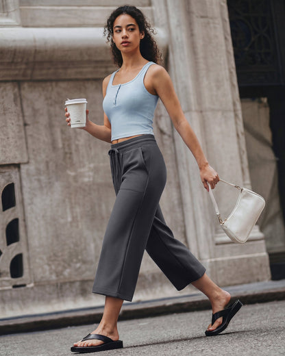 G4Free Smoofit Capris de cintura alta con cordón, pierna ancha y bolsillos
