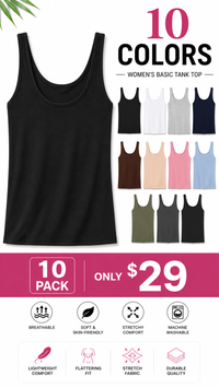10 PACK-Black + White + Heather Gray + Navy + Brown + Beige + Pink + Light Blue + Olive Green + Dark Gray
