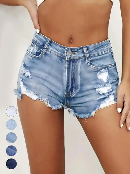 Women's Ripped Slash Pockets Denim Shorts Casual Trendy Fitted Raw Hem Jean Shorts for Daily Wear Ladies Summer Bottoms