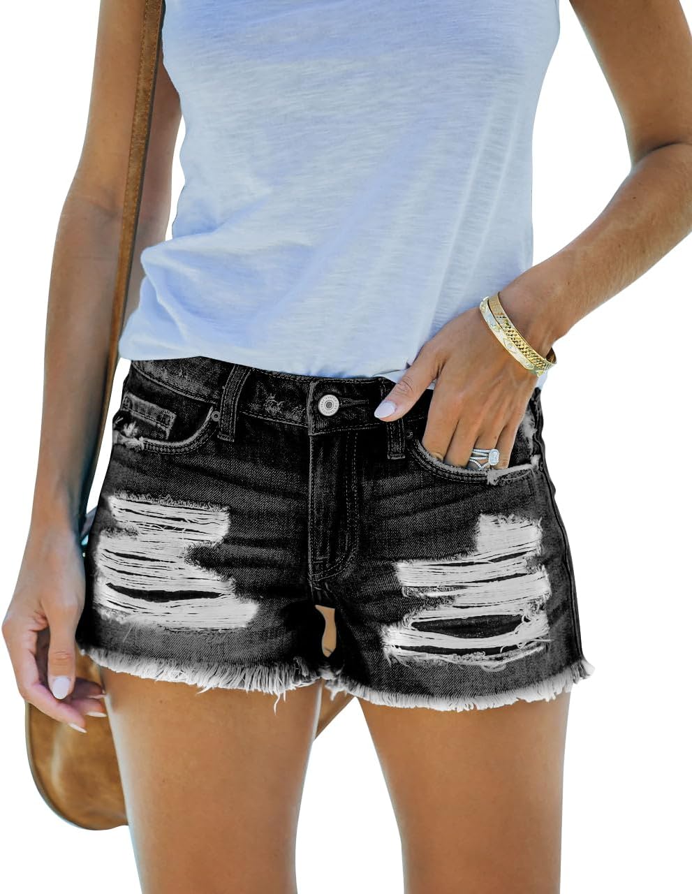 Pantalones cortos vaqueros rotos para mujer, talle medio, verano, dobladillo deshilachado, casual