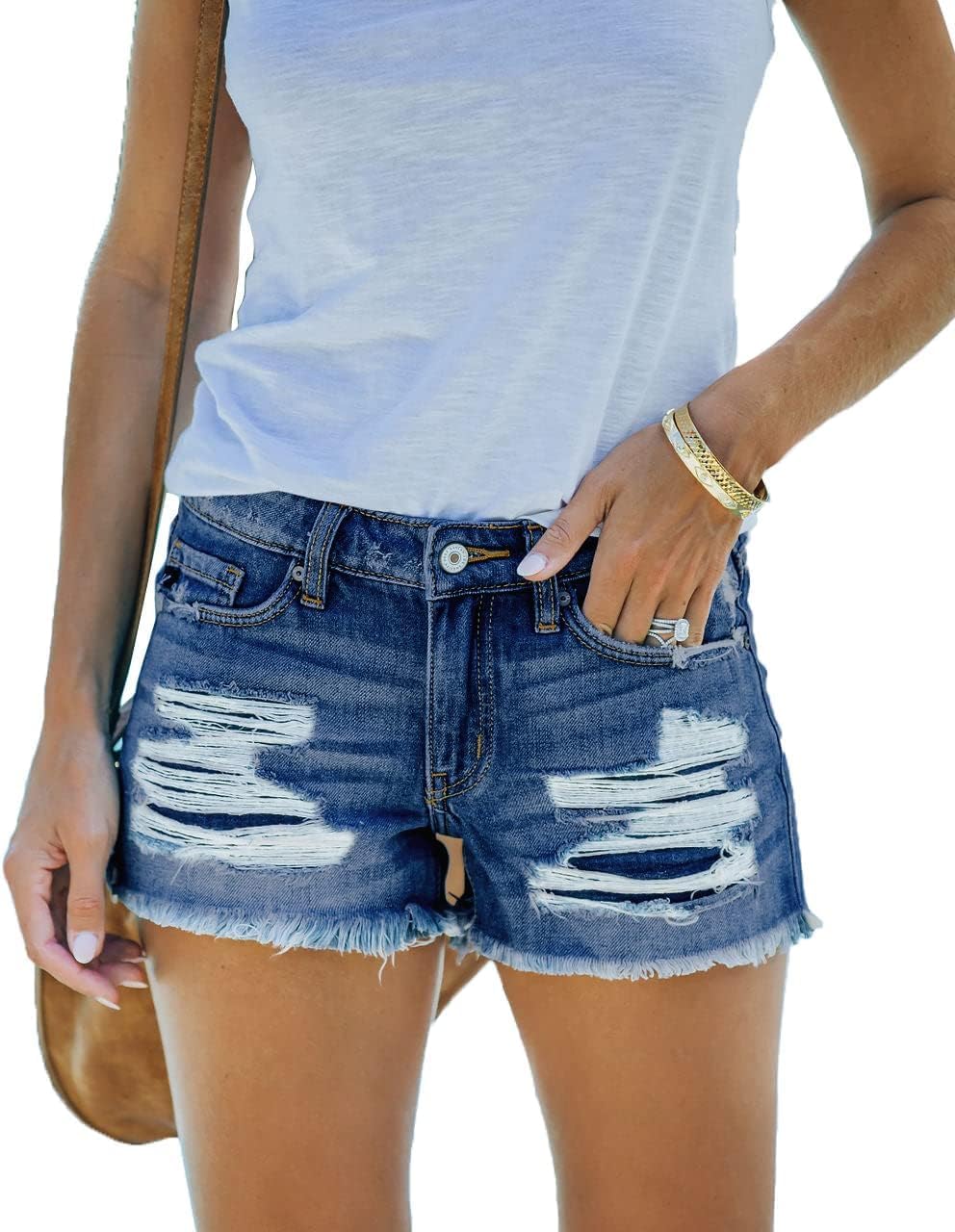 Pantalones cortos vaqueros rotos para mujer, talle medio, verano, dobladillo deshilachado, casual
