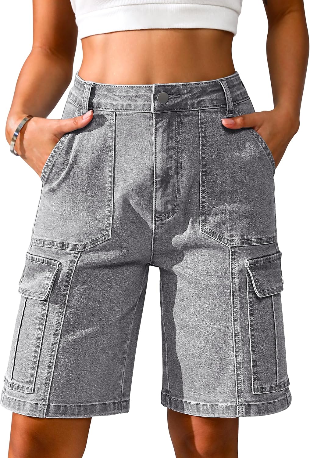Women Casual Long Knee Length High Waisted Stretch Wide Leg Relaxed Fit