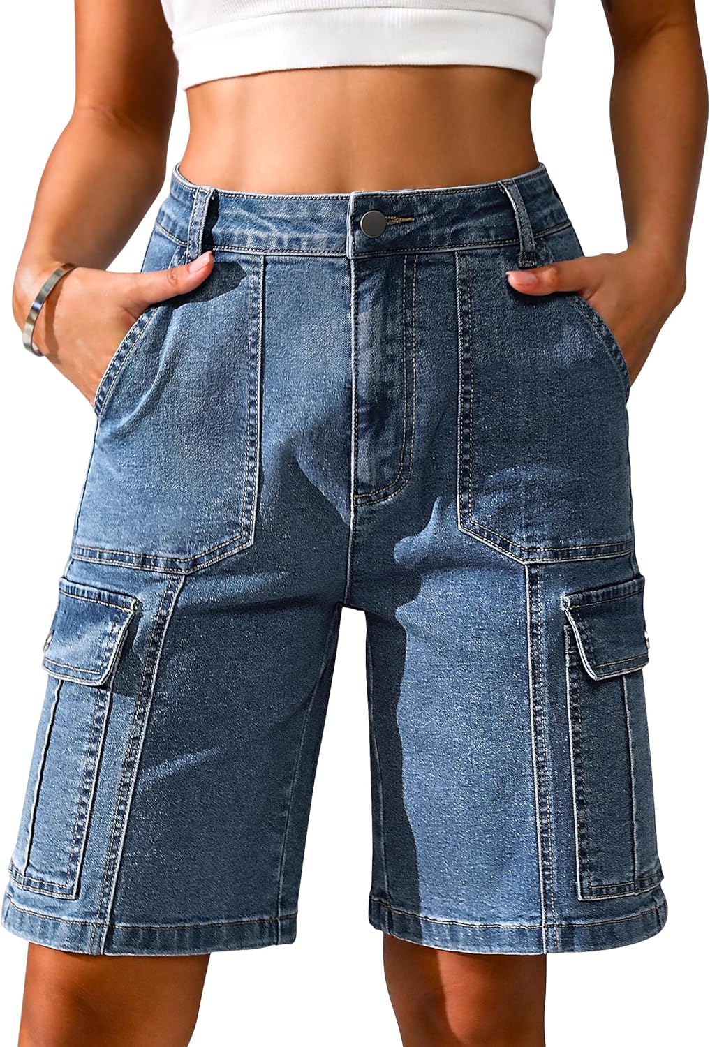 Women Casual Long Knee Length High Waisted Stretch Wide Leg Relaxed Fit