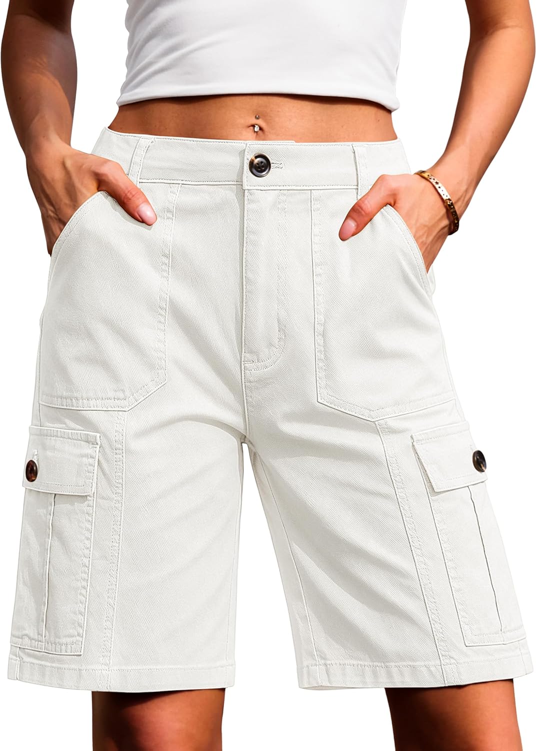 Women Casual Long Knee Length High Waisted Stretch Wide Leg Relaxed Fit