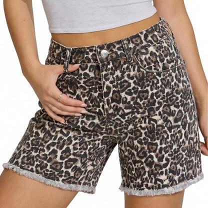 High-waisted mid-length leopard print frayed stretch denim casual summer shorts