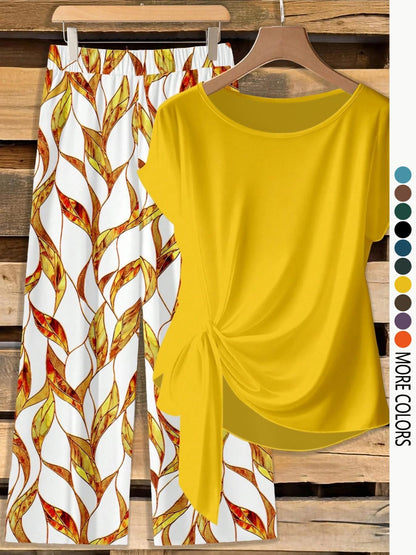 Women's Casual Printed Necktie Shirt and Loose Straight Pants Set