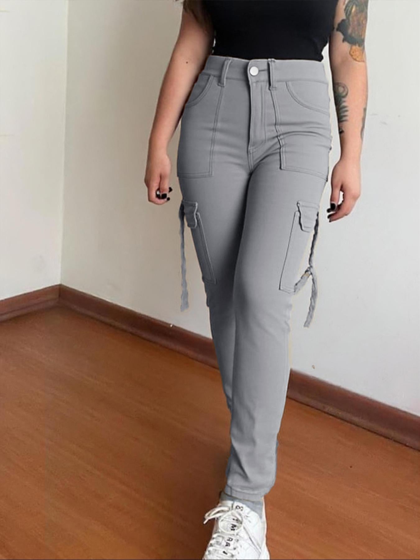 Women's Plain Multi-pocket Denim Elastic Slim Fit Button Cargo Pants