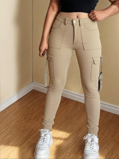 Women's Plain Multi-pocket Denim Elastic Slim Fit Button Cargo Pants
