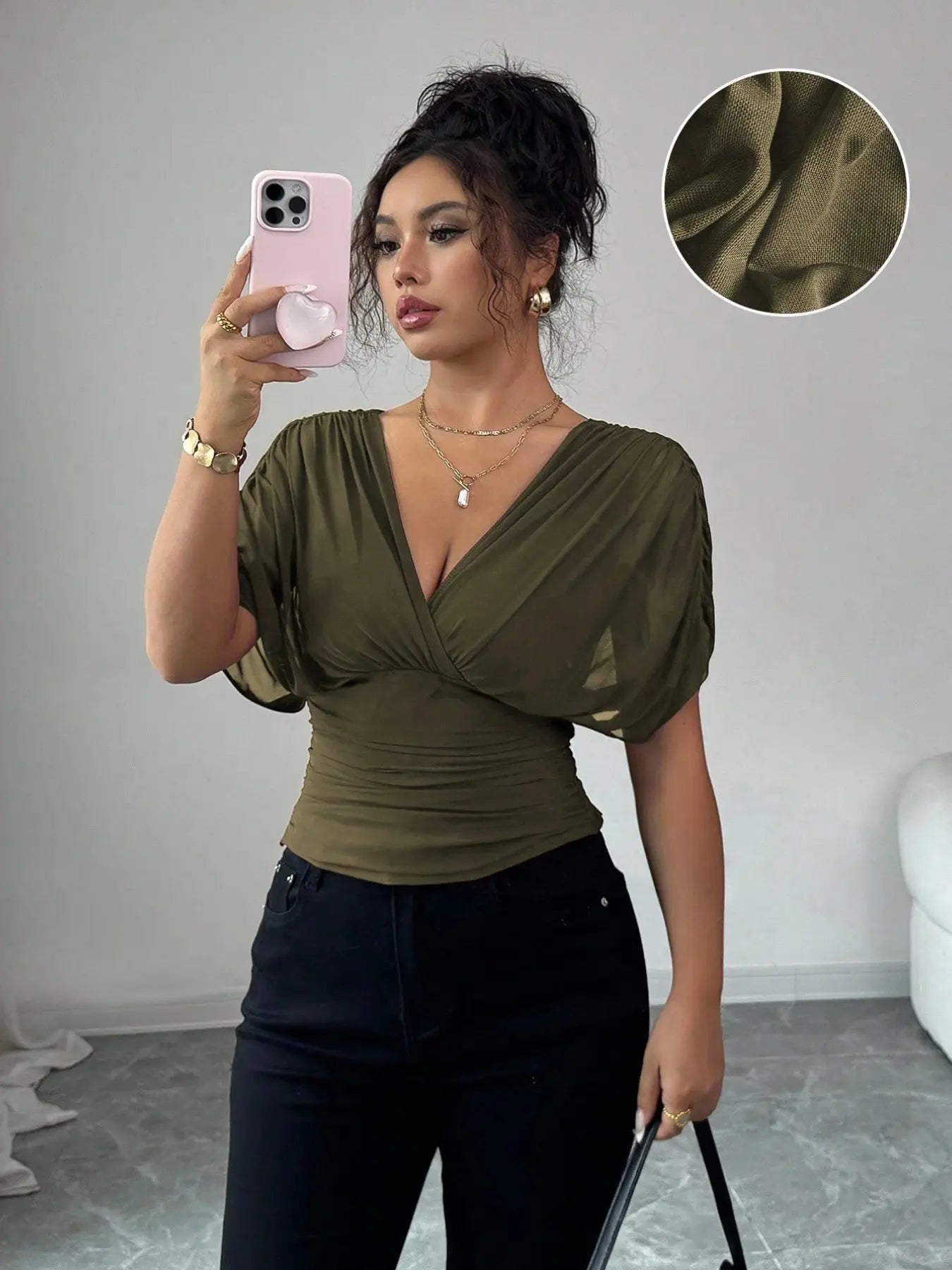 Women's V Neck Ruched Slim Fit Solid Color Blouse, Summer Short Sleeve Fitted Top