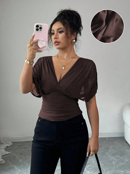 Women's V Neck Ruched Slim Fit Solid Color Blouse, Summer Short Sleeve Fitted Top