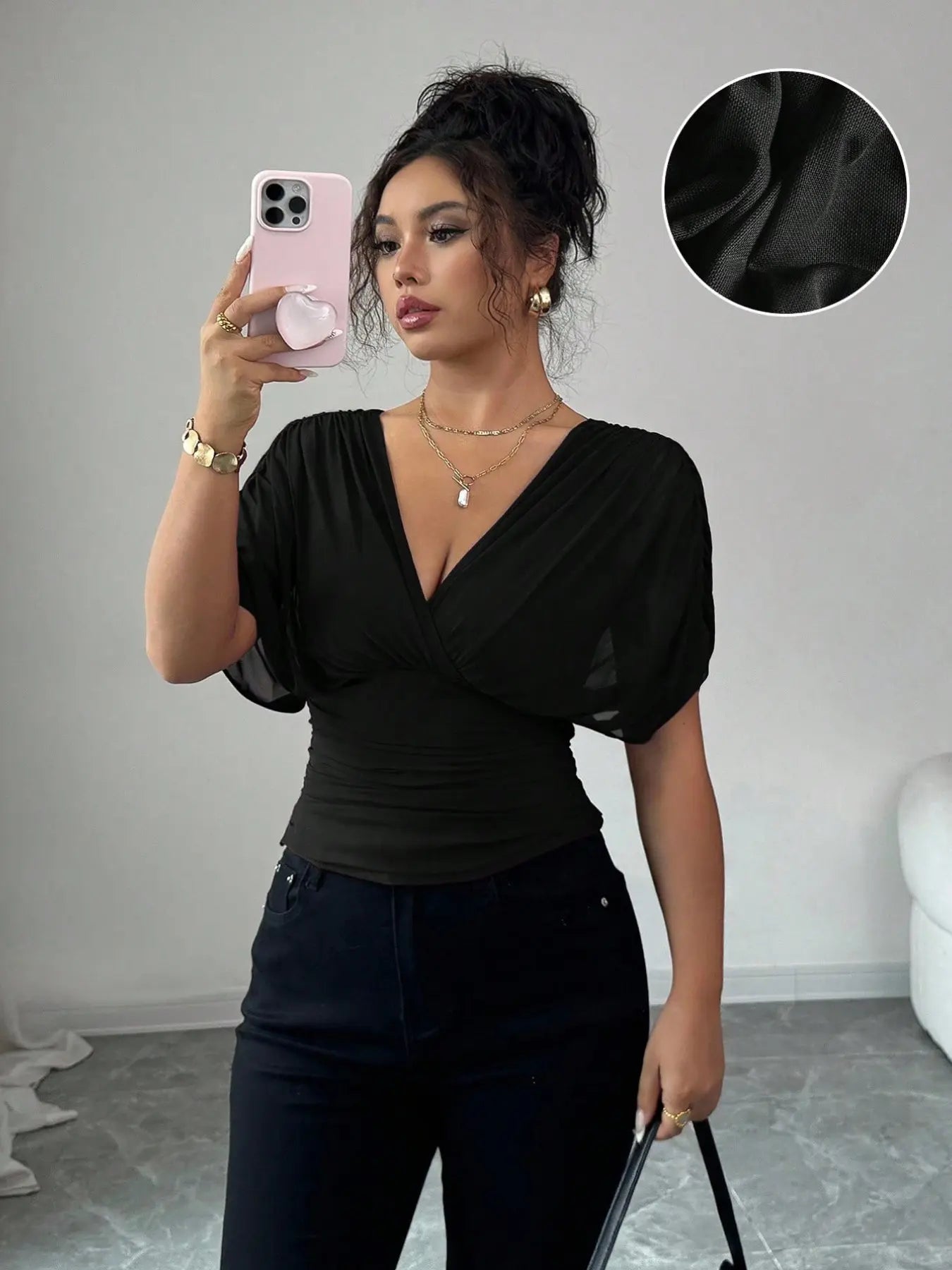 Women's V Neck Ruched Slim Fit Solid Color Blouse, Summer Short Sleeve Fitted Top