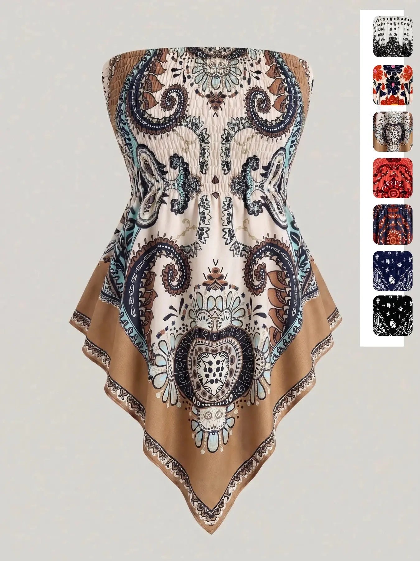 Women's Ethnic Print Strapless Top, Bohemian Style Asymmetrical Hem Tube Top