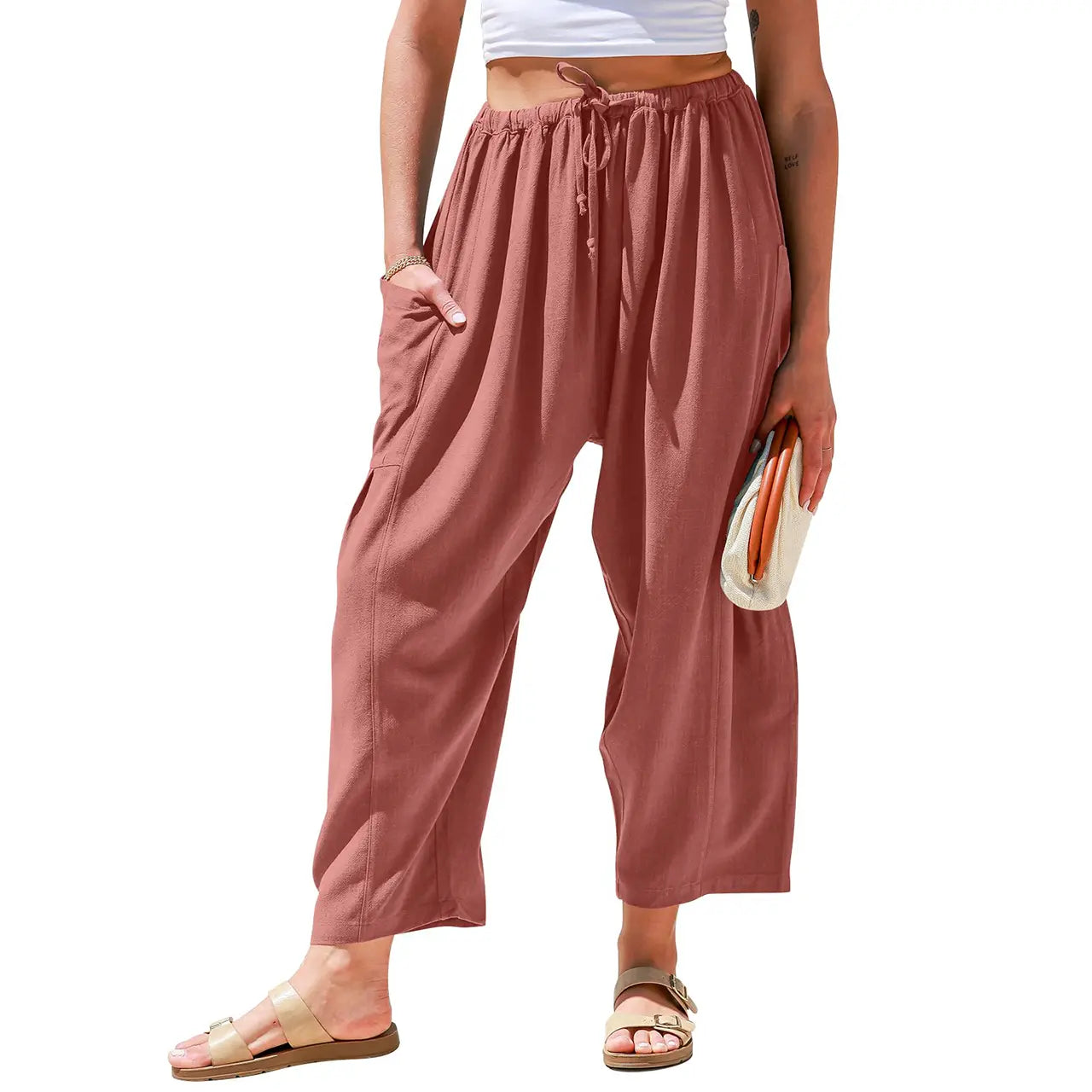 Womens Linen Blend Wide Leg Pants Oversize Casual Loose Fit Beach Palazzo Harem Pants（