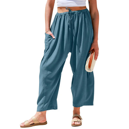 Womens Linen Blend Wide Leg Pants Oversize Casual Loose Fit Beach Palazzo Harem Pants（