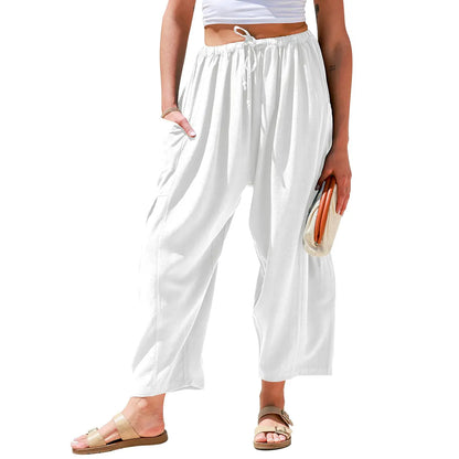 Womens Linen Blend Wide Leg Pants Oversize Casual Loose Fit Beach Palazzo Harem Pants（