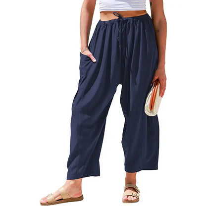 Womens Linen Blend Wide Leg Pants Oversize Casual Loose Fit Beach Palazzo Harem Pants（