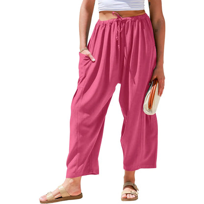 Womens Linen Blend Wide Leg Pants Oversize Casual Loose Fit Beach Palazzo Harem Pants（