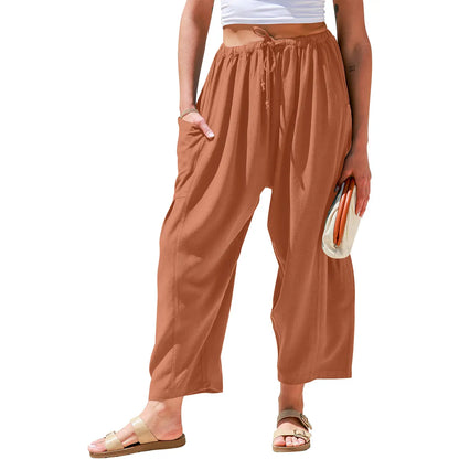 Womens Linen Blend Wide Leg Pants Oversize Casual Loose Fit Beach Palazzo Harem Pants（