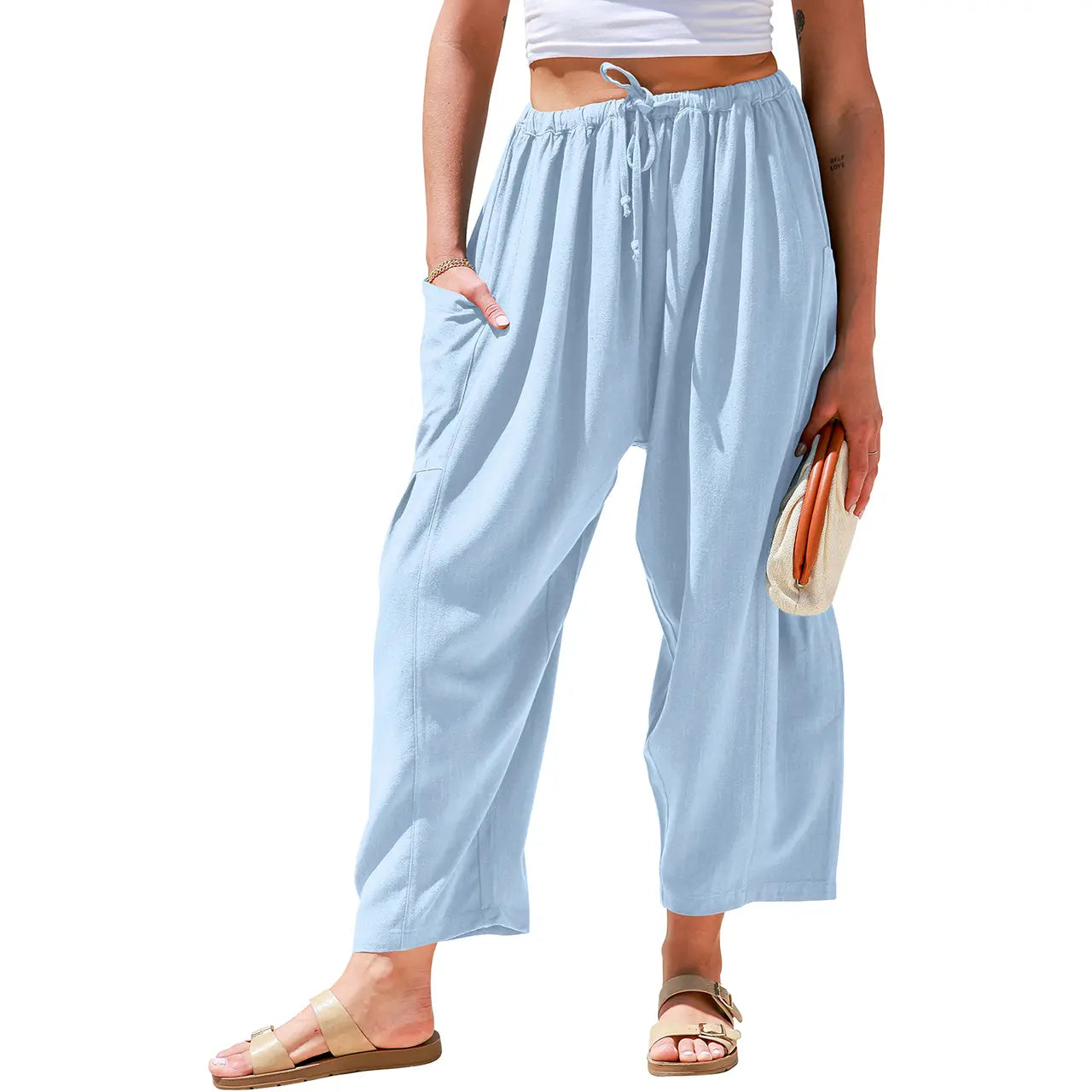 Womens Linen Blend Wide Leg Pants Oversize Casual Loose Fit Beach Palazzo Harem Pants（