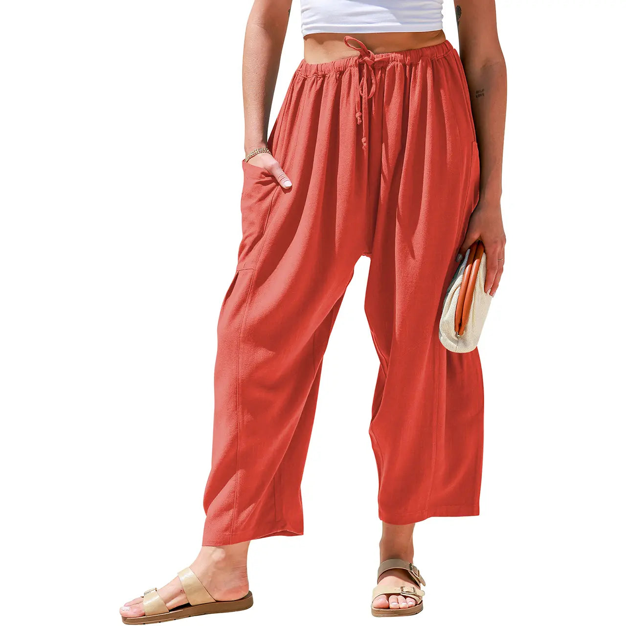 Womens Linen Blend Wide Leg Pants Oversize Casual Loose Fit Beach Palazzo Harem Pants（