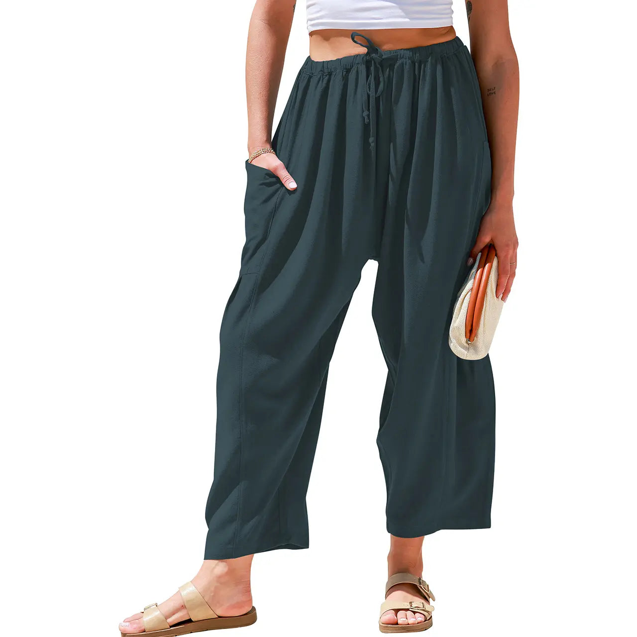 Womens Linen Blend Wide Leg Pants Oversize Casual Loose Fit Beach Palazzo Harem Pants（