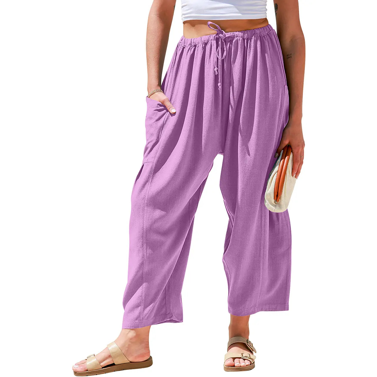 Womens Linen Blend Wide Leg Pants Oversize Casual Loose Fit Beach Palazzo Harem Pants（