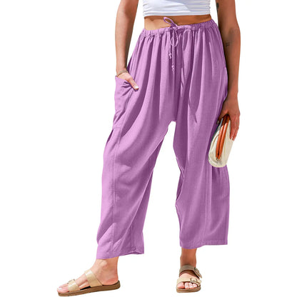 Womens Linen Blend Wide Leg Pants Oversize Casual Loose Fit Beach Palazzo Harem Pants（