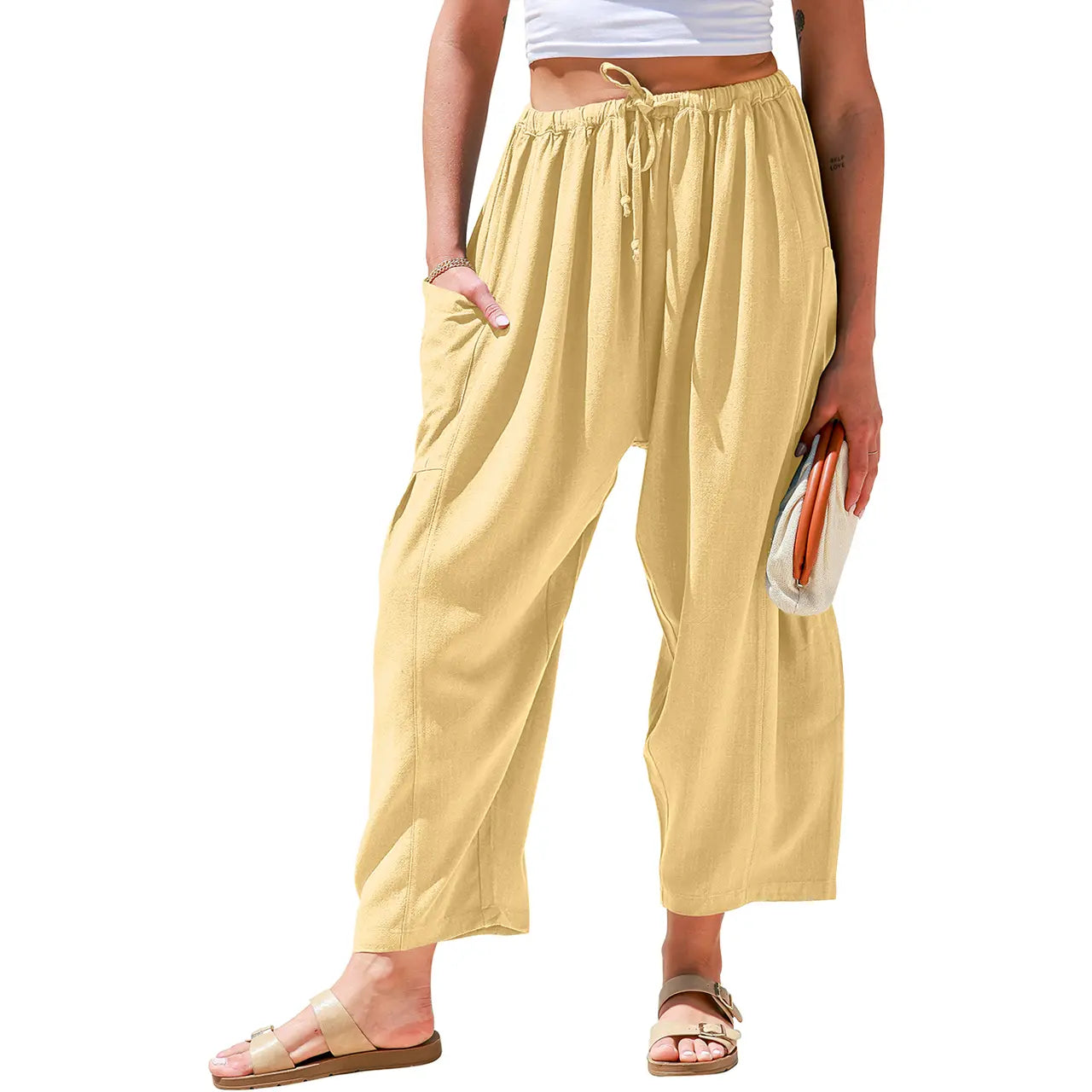 Womens Linen Blend Wide Leg Pants Oversize Casual Loose Fit Beach Palazzo Harem Pants（