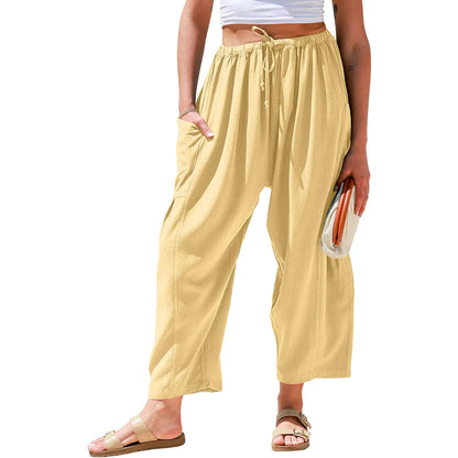 Womens Linen Blend Wide Leg Pants Oversize Casual Loose Fit Beach Palazzo Harem Pants（