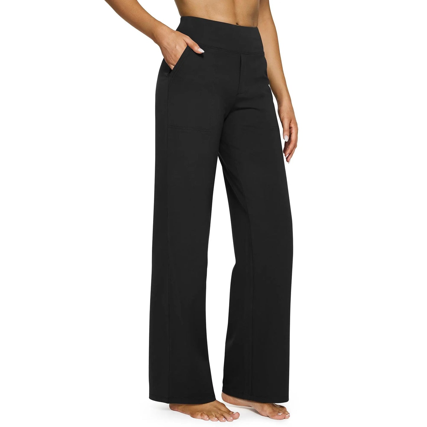 Pantalones de yoga de mujer de cintura alta y pierna ancha (negro)