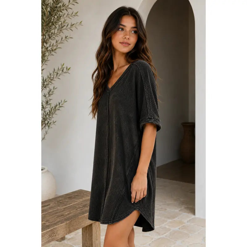 Ribbed, Acid-Washed Women's Casual Dressbed Acid Washed Dress