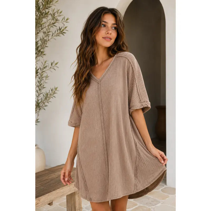 Ribbed, Acid-Washed Women's Casual Dressbed Acid Washed Dress
