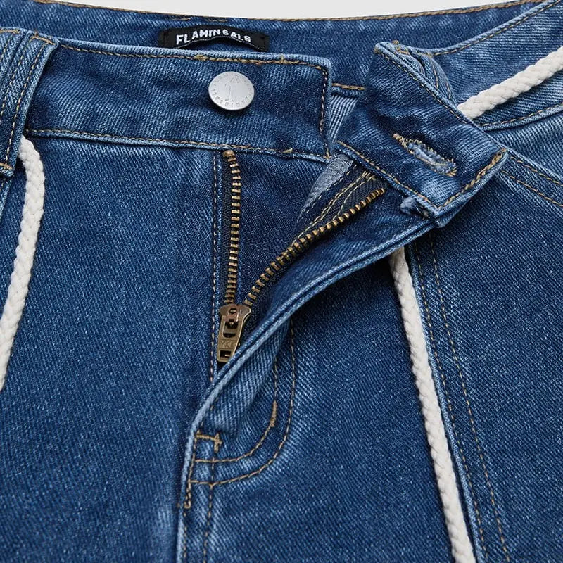 Vaqueros cropped de pierna recta de tiro alto con dobladillo enrollado y bolsillos de solapa con cordón
