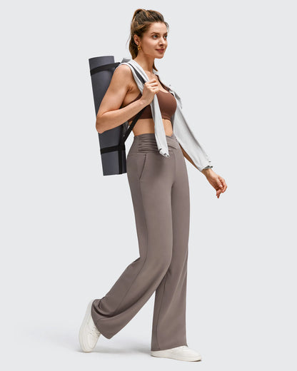 Pantalones de Yoga de Pierna Ancha con Pliegues Laterales y Cintura en V BareFeel