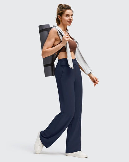 Pantalones de Yoga de Pierna Ancha con Pliegues Laterales y Cintura en V BareFeel