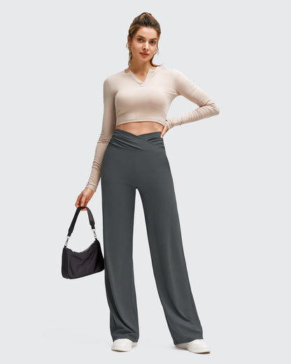 Pantalones de Yoga de Pierna Ancha con Pliegues Laterales y Cintura en V BareFeel